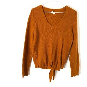 Anthropologie Moth Spiced Orange Ribbed Knit V Neck Tie Front Sweater